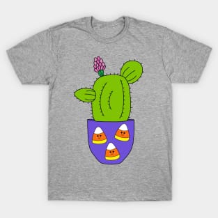 Cute Cactus Design #195: Cactus In Halloween Candy Corn Pot T-Shirt